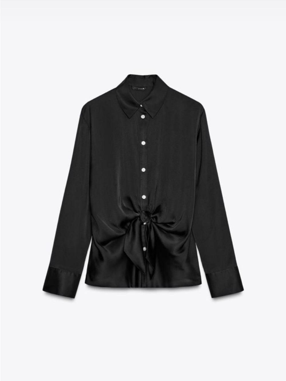 Zara Black Satin Tie-Front Button-Up Blouse
